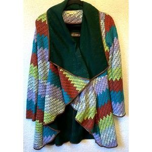 Double Zero‎ Large Jacket Green Weave Multicolor Open Knit Cardigan